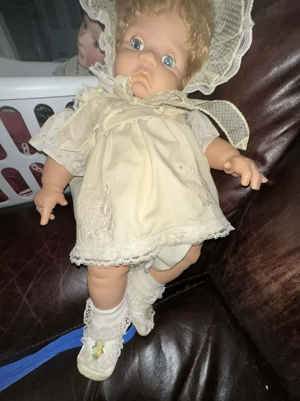 Vintage 1986 Playmates Toys Inc. Baby Doll Model 3210 with Lace Bonnet and Dress